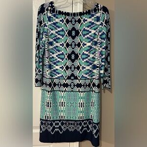 Eliza J Size 4 Green Blue White dress V-back Boat-neck front NWOT